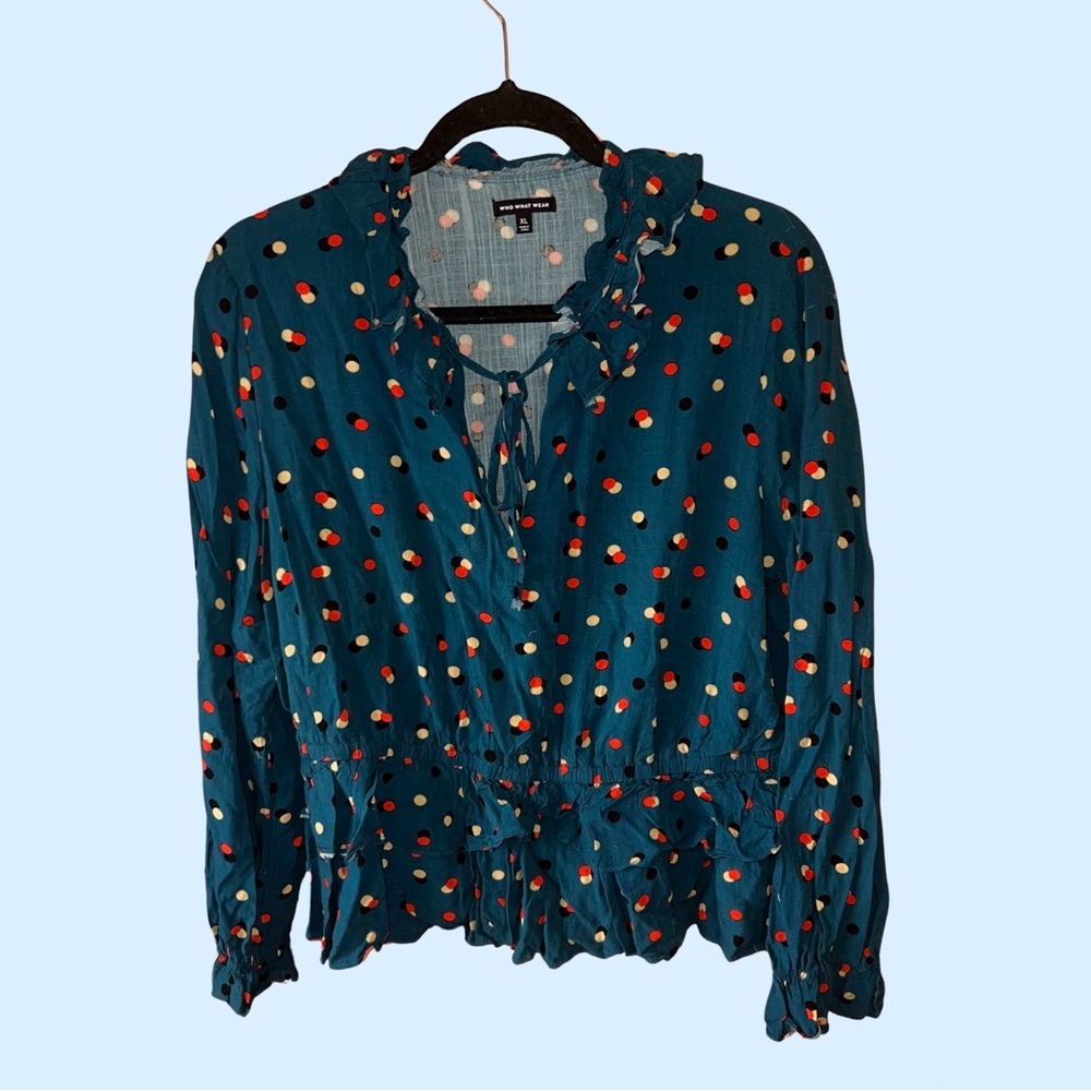 Who What Wear Teal Polka Dot Ruffle Blouse 🧡